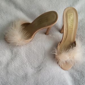 High Heeled Peach Faux Feather Mules